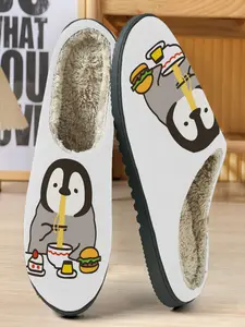 Cute Penguin Cotton Slippers, Base Color, Plating Noodles & Hamburgers Design, Soft Eva Sole, Casual Home Wear