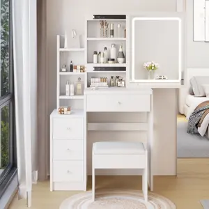 29.2" Small Size Left Bedside Cabinet Vanity Table + Cushioned Stool, Large Sliding, Touch Control, Tri-color Switching, Brightness Adjust LED Mirror, High Capacity Storage, Suitable for Small Space vanity  without  let vanity  with  chair