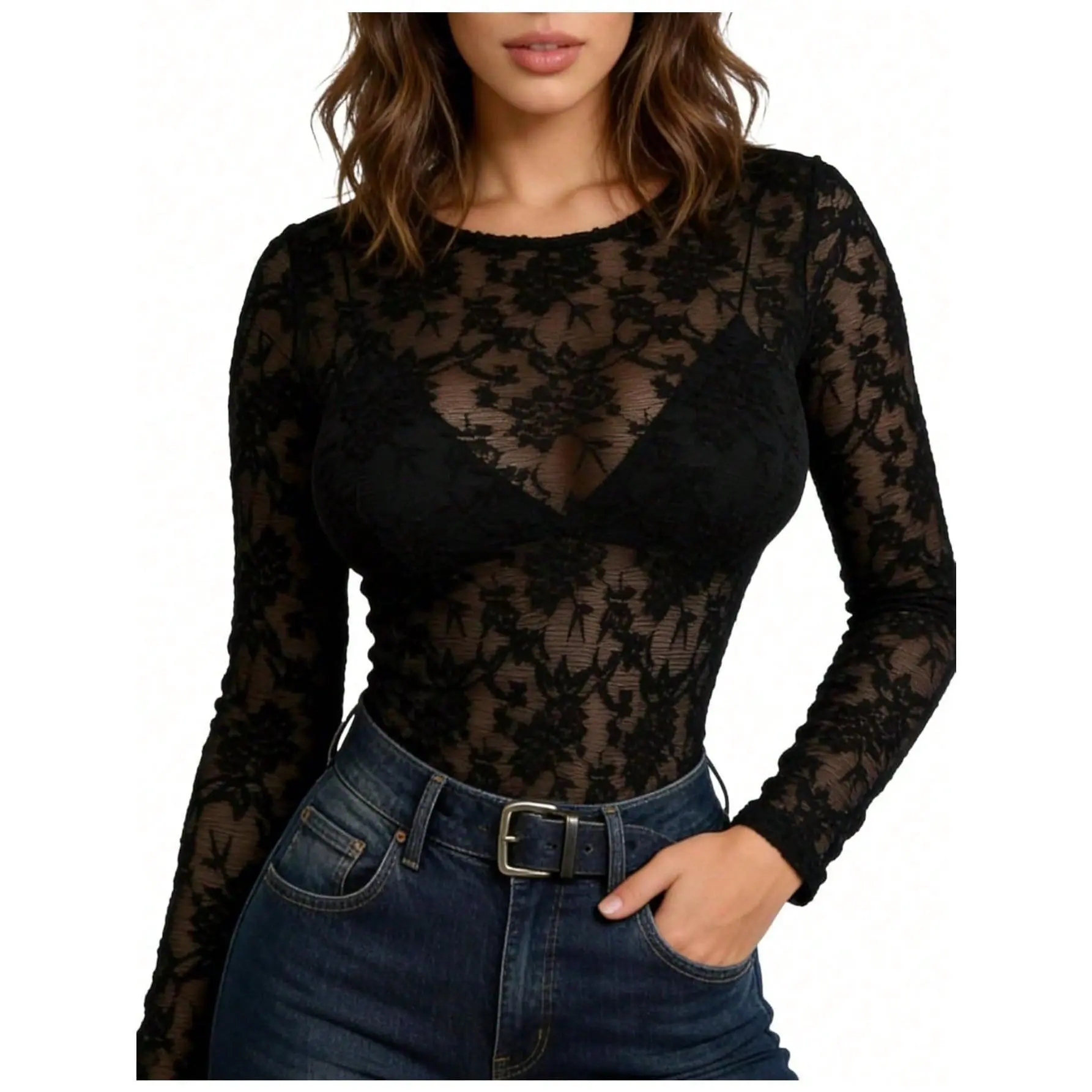 Women's Mesh Lace Long-Sleeve Crewneck Slim-Fitted See-Through Blouse - Elegant Lady Basic Top for Layering Outfits, Going Out, Office Ootd, Chic