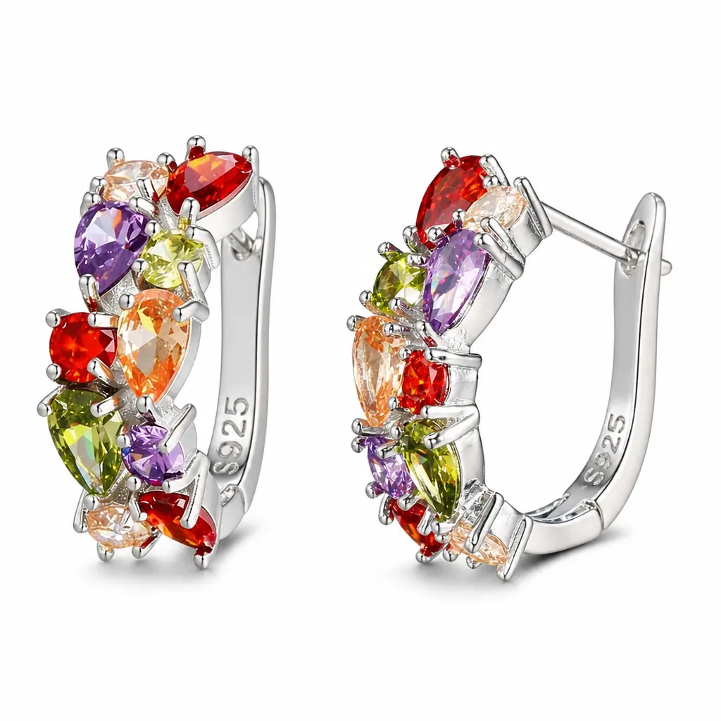 Multicolor Hoop Earrings - Multi Gemstones Sterling Silver Hoop Earrings with Amethyst Garnet Ruby Blue Sapphire Fashion Jewelry Earring for Women