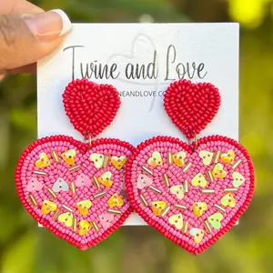 Red Confetti Heart Beaded Earrings