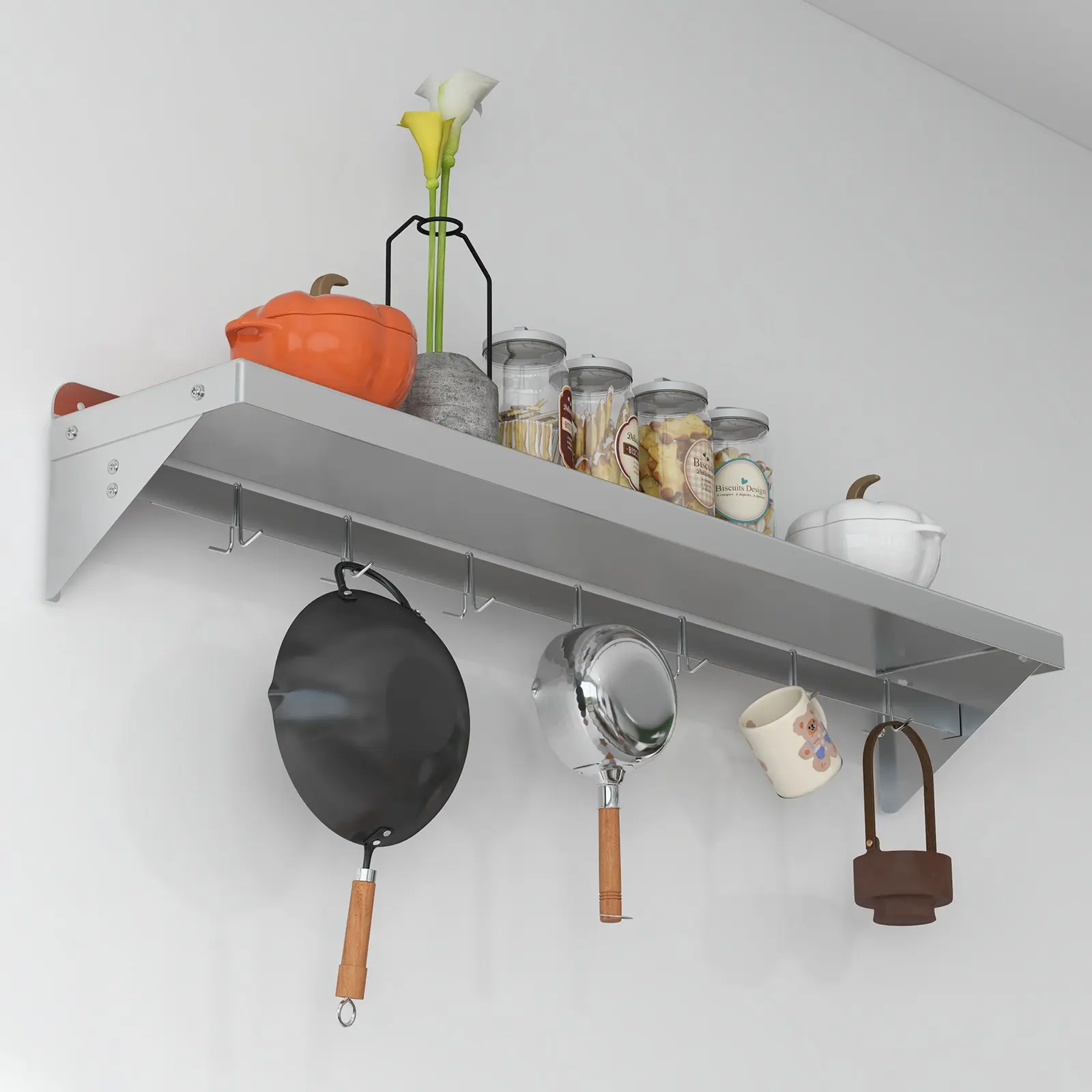 Garvee Heavy Duty Stainless Steel Wall Mounted Shelf – Backsplash & 7 Hooks, NSF Certified Floating Kitchen Storage Rack – Perfect for Pots, Pans, Utensils – Home & Restaurant Organizer – Durable, Space-Saving – Maximize Your Kitchen Space!