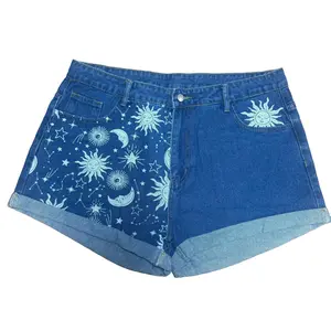 Odefou Women's Plus Size Soft Cuffed-Hem Denim Jeans with Button-Zip Closure Sun Star Moon Print & Handy Pockets — Spring/Summer Baddie Outfit Holiday Festival Trendy Pants