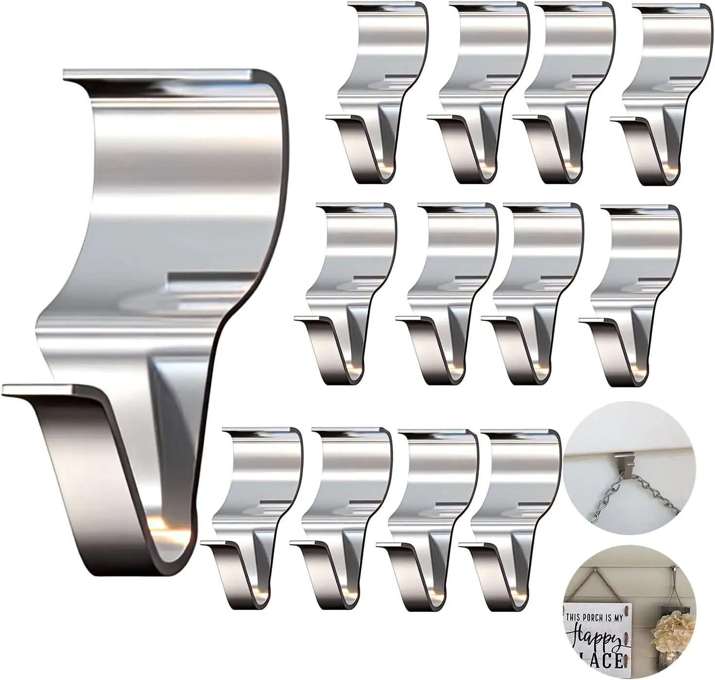 14 Pcs Vinyl Siding Hooks, Stainless Steel No-Hole Hangers for Hanging Wreaths & Outdoor Decor, Low Profile Siding Clips, Easy Installation, No Tools Needed (14, Sliver)
