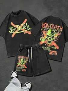 Best Pairings For The New 2026 Models Mens Fashion Crewneck Casual T Shirt And Shorts Set Cotton Men’s Neon Skull Crossbones Graphic Tee & Shorts Set Text Machine Washable Comfortable All Seasons 100 Percent Pure Cotton Retro Street Style Loose