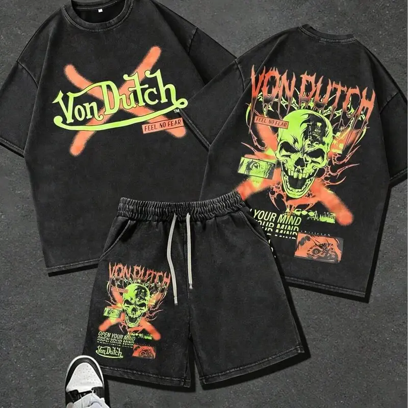 Men's 2-Piece Cotton Crew Neck Graphic T-Shirt & Shorts Set - Matching Vintage Streetwear, Edgy Neon Skull & Crossbones Print, Loose-Fitting, Machine Washable, All-Season Comfort Fabric
