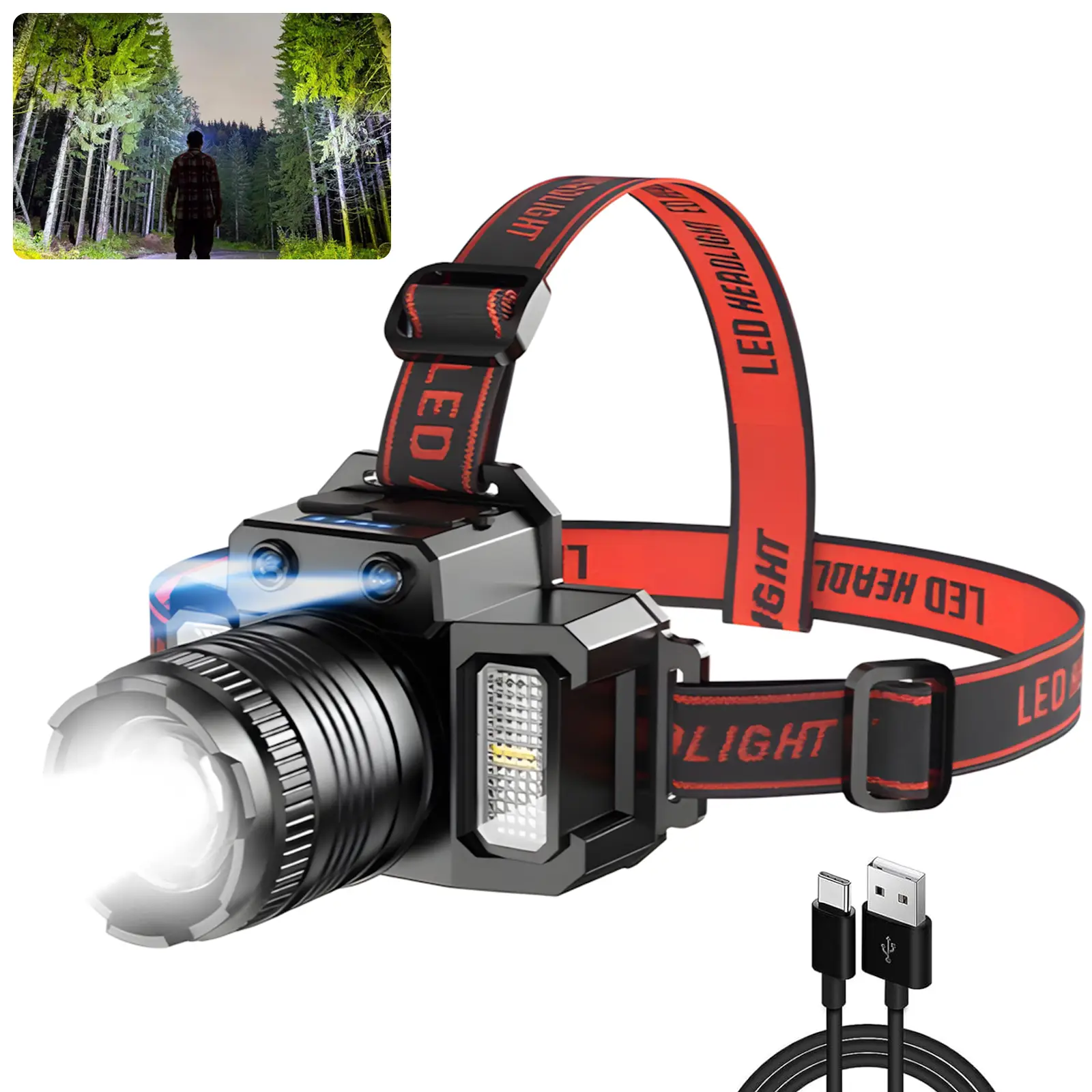 Tuffenough Led headlamp, USB Rechargeable Headlamp Flashlight, Smart Sensor Switch Dimmable Waterproof Emergency Light, Suitable for Adventure, Outdoo