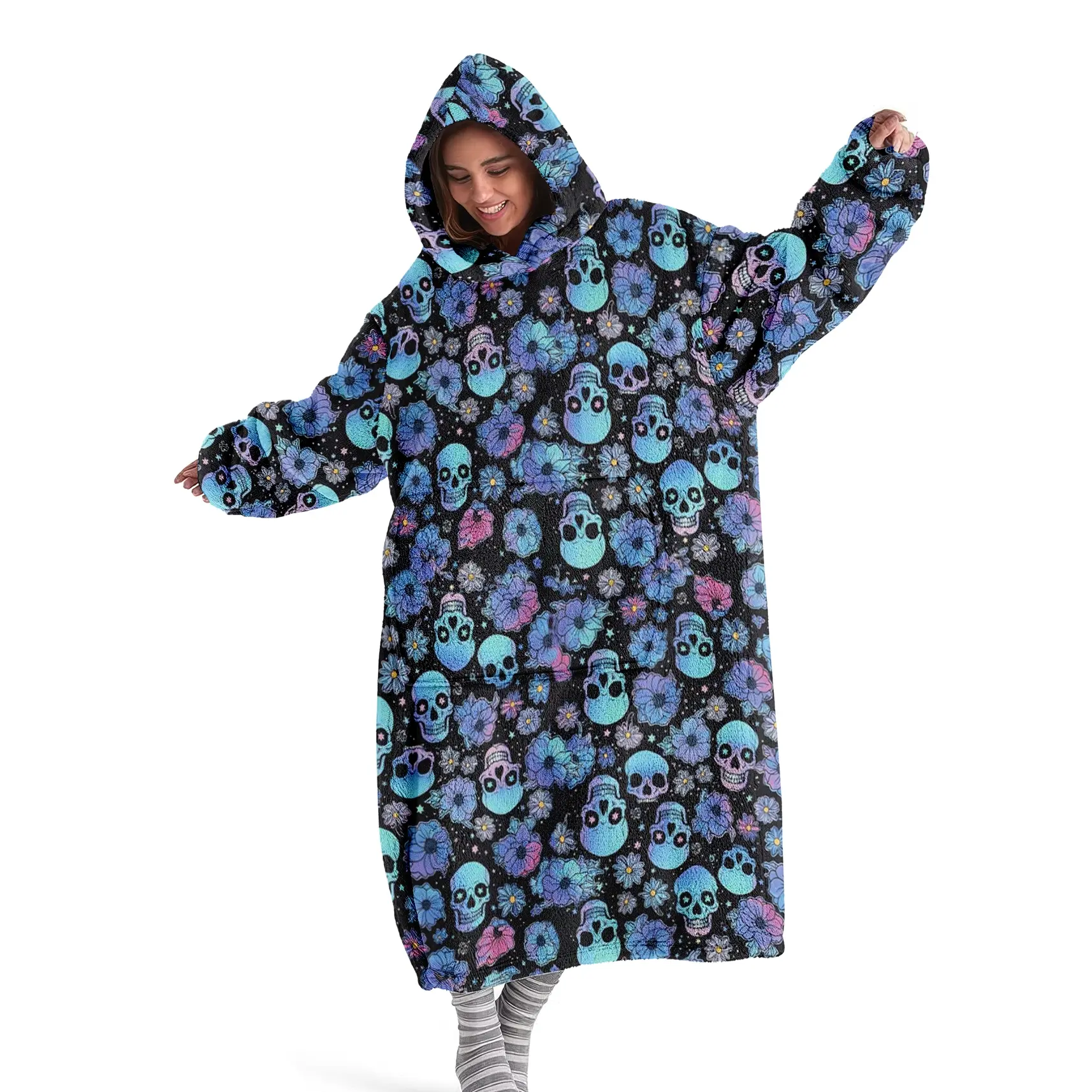 hoodie blanket，Wearable Blanket，Gothic Skull Print Cozy Hooded Blanket, Wearable Throw, Oversized Loose Fit, Long Sleeve with Pocket, Fall Winter Adult Clothing，Christmas Gift,Valentine's Day gift