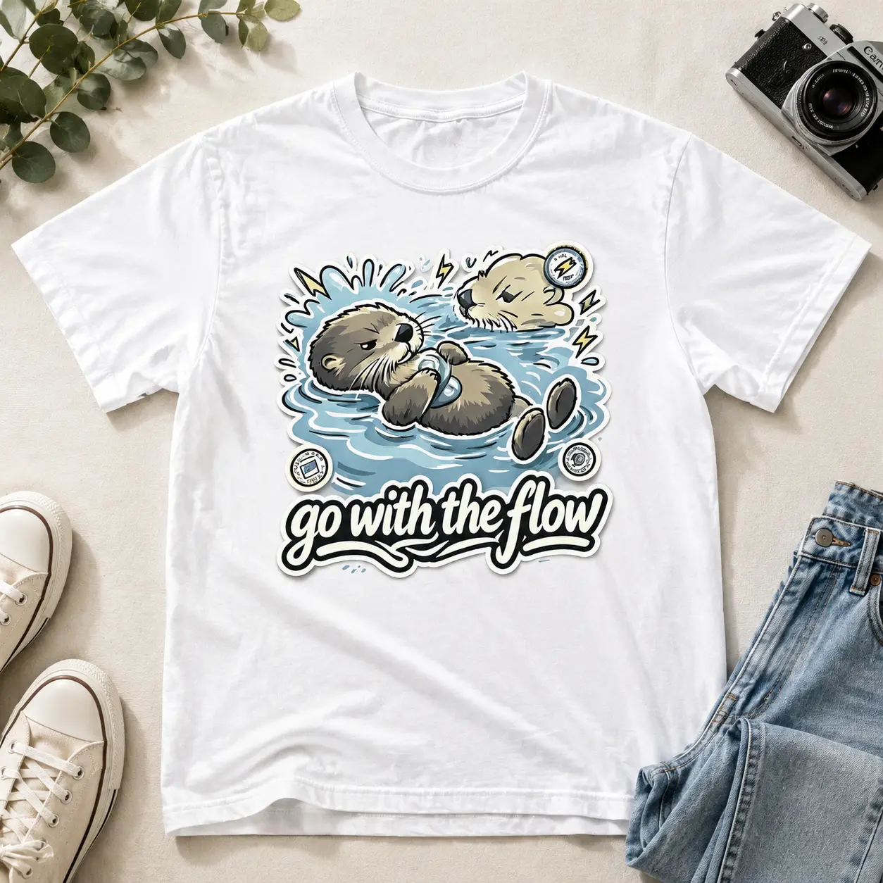 Unisex Otter Graphic T-Shirt, "Go With The Flow" Animal Tee, Nature Lover Casual Shirt, Short Sleeve Streetwear Top Classic Cotton