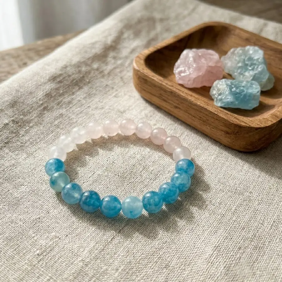 [Free 14K Gold Pendant] Natural Crystal Bracelets - Unisex 18cm/7.08inch Elastic Rope Rose Quartz & Aquamarine Beaded Bracelet, March Birthstone Jewelry, Auspicious Accessory That Attracts Love & Enhances Energy Healing