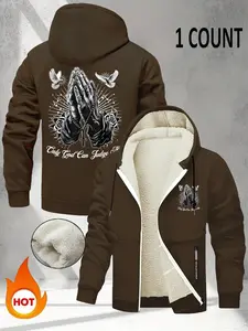 Men's Casual Letter Butterfly Print Hooded Zipper Fleece Lined Jacket, Long Sleeve Winter Outerwear for Outdoor Street Style