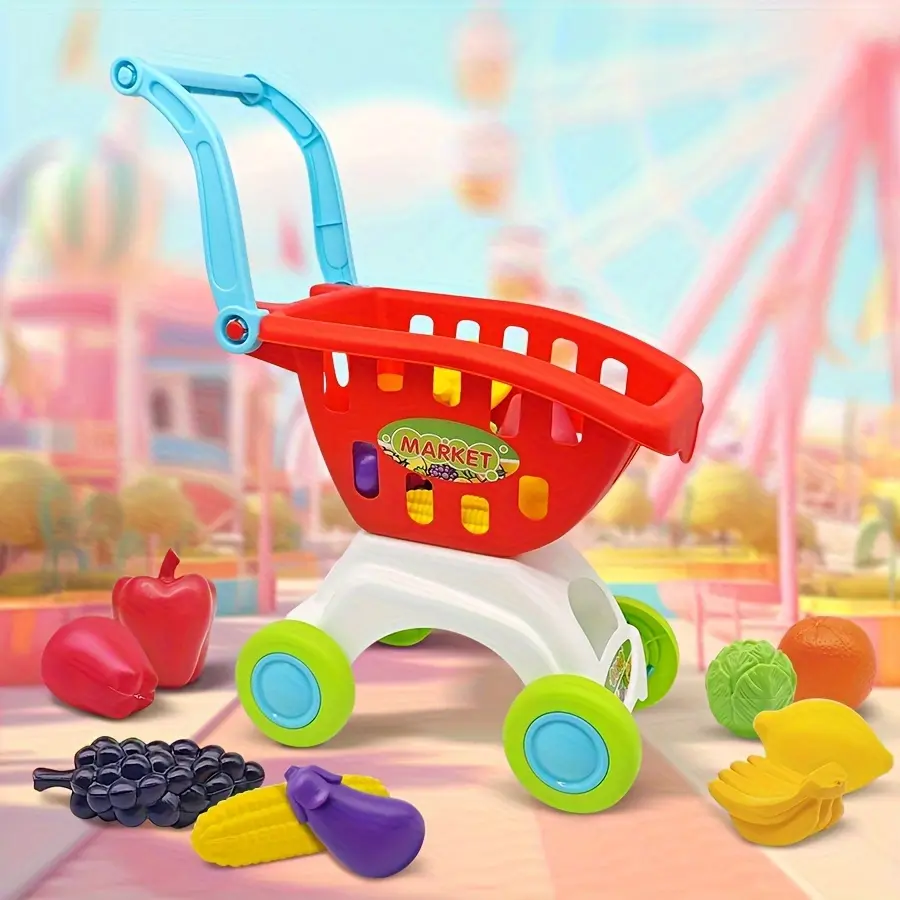 Unisex Mini Toddler Role-Play Shopping Cart with Wheels for Movement, Fruit & Vegetable Toys, Easy-to-Use Creative Play Accessory - Encourages Creativity, Ideal Birthday Gift for Kids