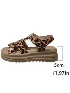 Leopard Print Thick Sole Roman Sandals, Adjustable Buckle Anti-Slip Wedge Heel, Casual Beach Shoes for Women, Everyday Wear