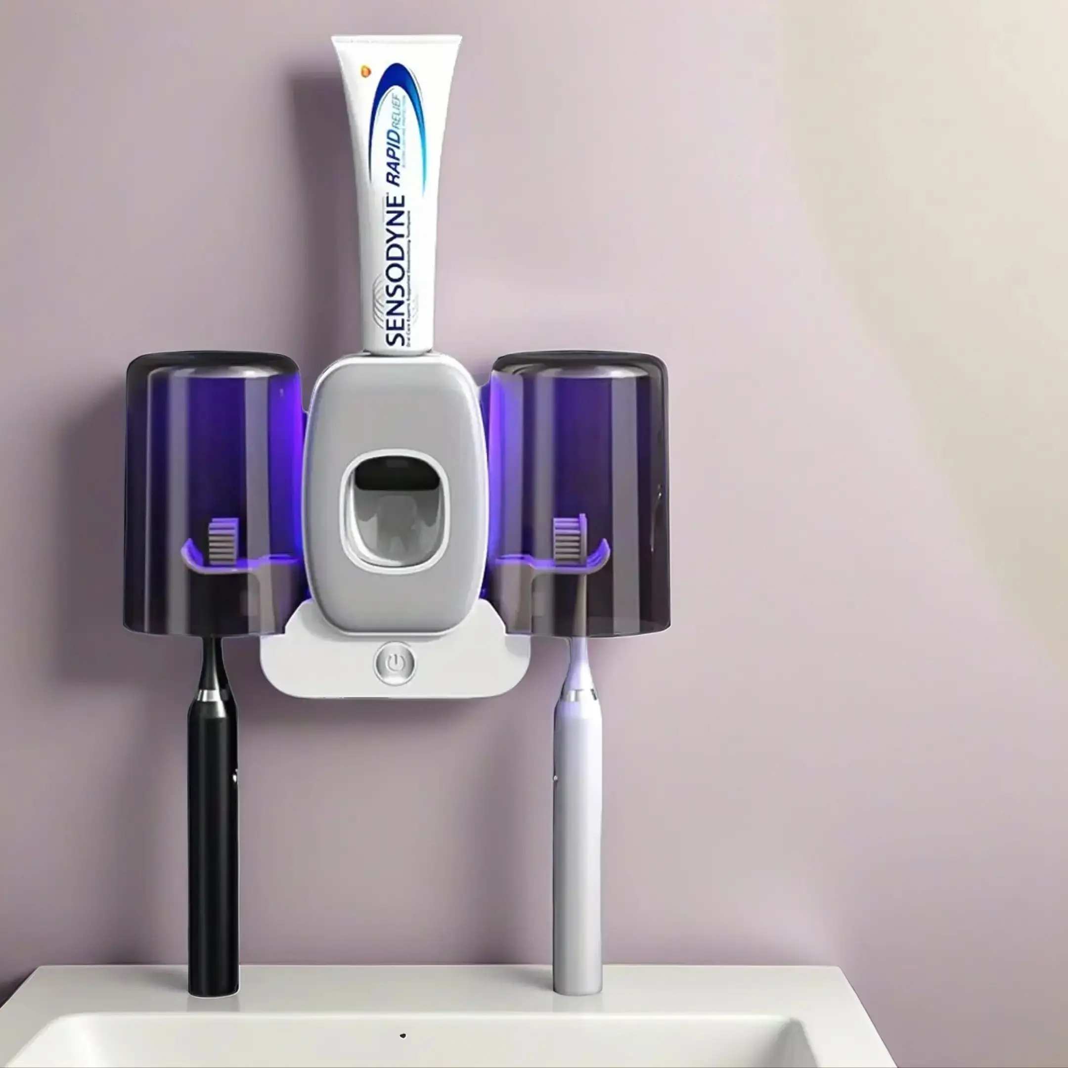 Toothbrush Holder & Toothpaste Dispenser, Wall Mounted UV Light Sterilizing Toothbrush Storage Holder, Gargle Cup Holder, UV Toothbrush Holders, UV Toothbrush Sanitizer Holder, Summer Gifts, Bathroom Accessory, Sanitizing Toothbrush Holder