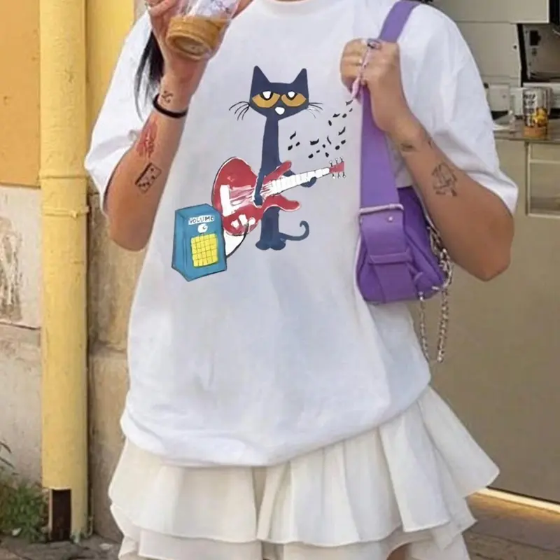Women's Cat & Guitar Print Round Neck Tee, Casual Chic Top, Casual Everyday Tops, Casual Streetwear Short Sleeve T-shirt for Summer, Ladies Clothes for Daily Wear, Womenswear