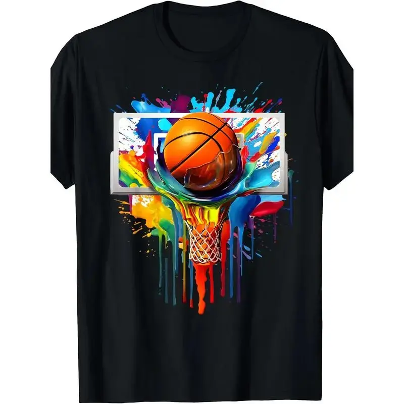 Men's Cotton Basketball Dunk Tie-Dye Splash Print Tshirt - Black Menswear Top, Casual Round Neck, Machine Washable, Summer Streetwear Sporty Chic Fashion Statement