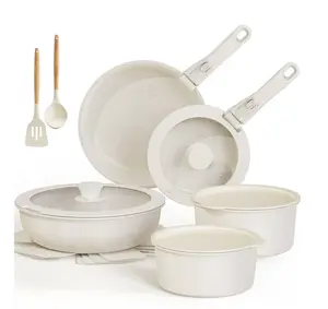 17 PCS Ceramic Pots and Pans Set Non Stick, Cookware Set with Detachable Handle, Oven Safe, Induction Ready, Stackable RV Kitchen Cooking Set Removable Handles, Cream White