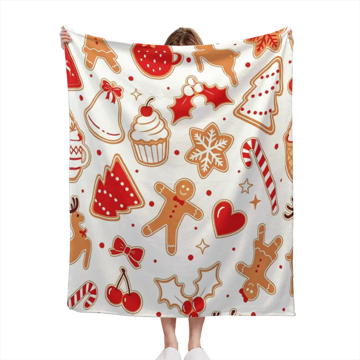 Classic Red Christmas Gingerbread Man Print Throw Blanket, Traditional Xmas Cookie Flannel Blanket, Winter Holiday Festive Decor Blanket