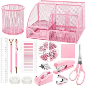 11 count Pink Office Supplies Set Mesh Desk Organizer Accessories Kit Include Stapler Tape Dispenser Staple Remover Clips Ruler  Sticky Notes for Office School Home Women (Pink)