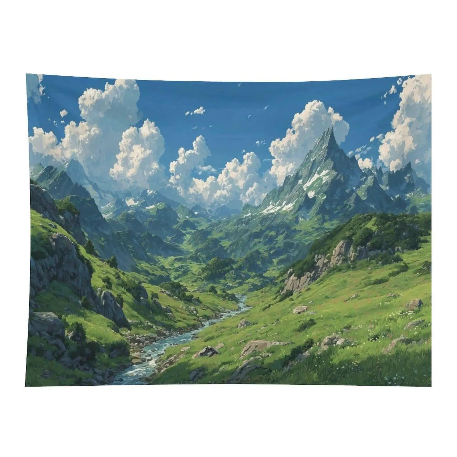 Anime Green Mountain Valley Stream Big Cloud Clear Sky Country Landscape Wall Tapestry Wall Hanging, Serenity Japanese Studio Ghibli Style Nature Decor for Cottagecore Living Room Backdrop