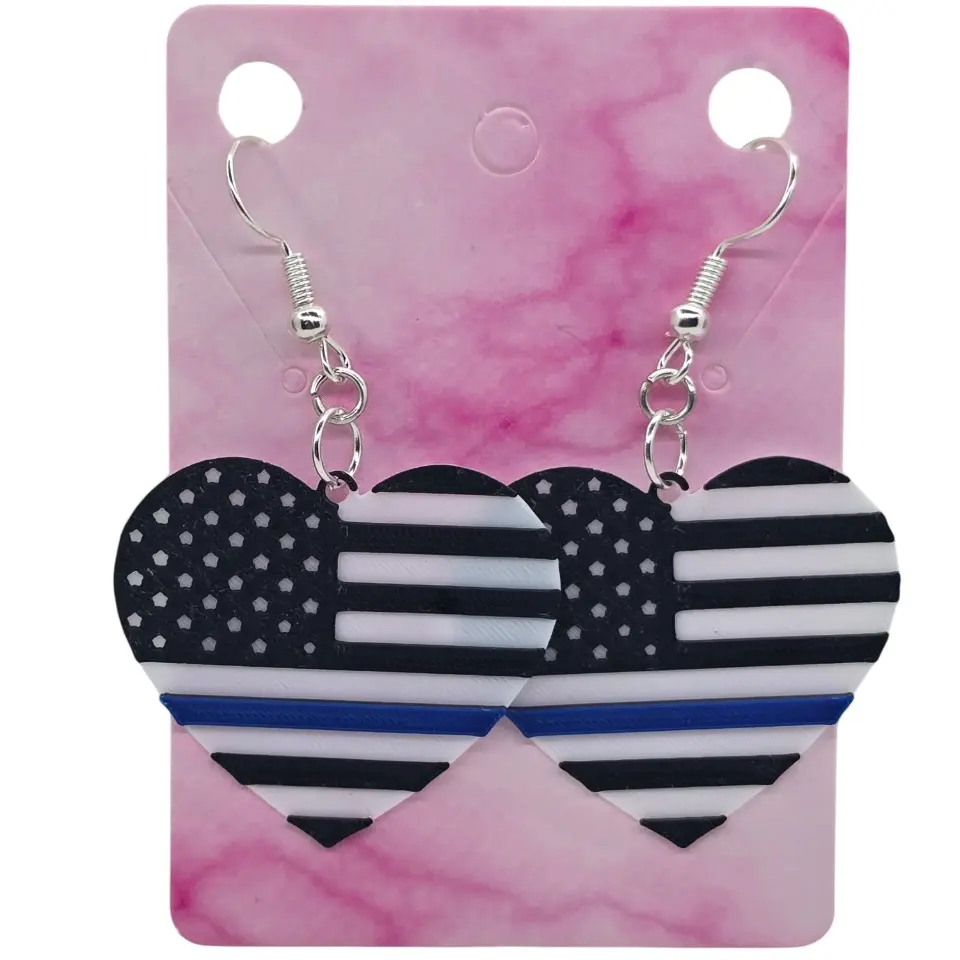 First Responder - Police Flag Hearts - 3D Printed Earrings