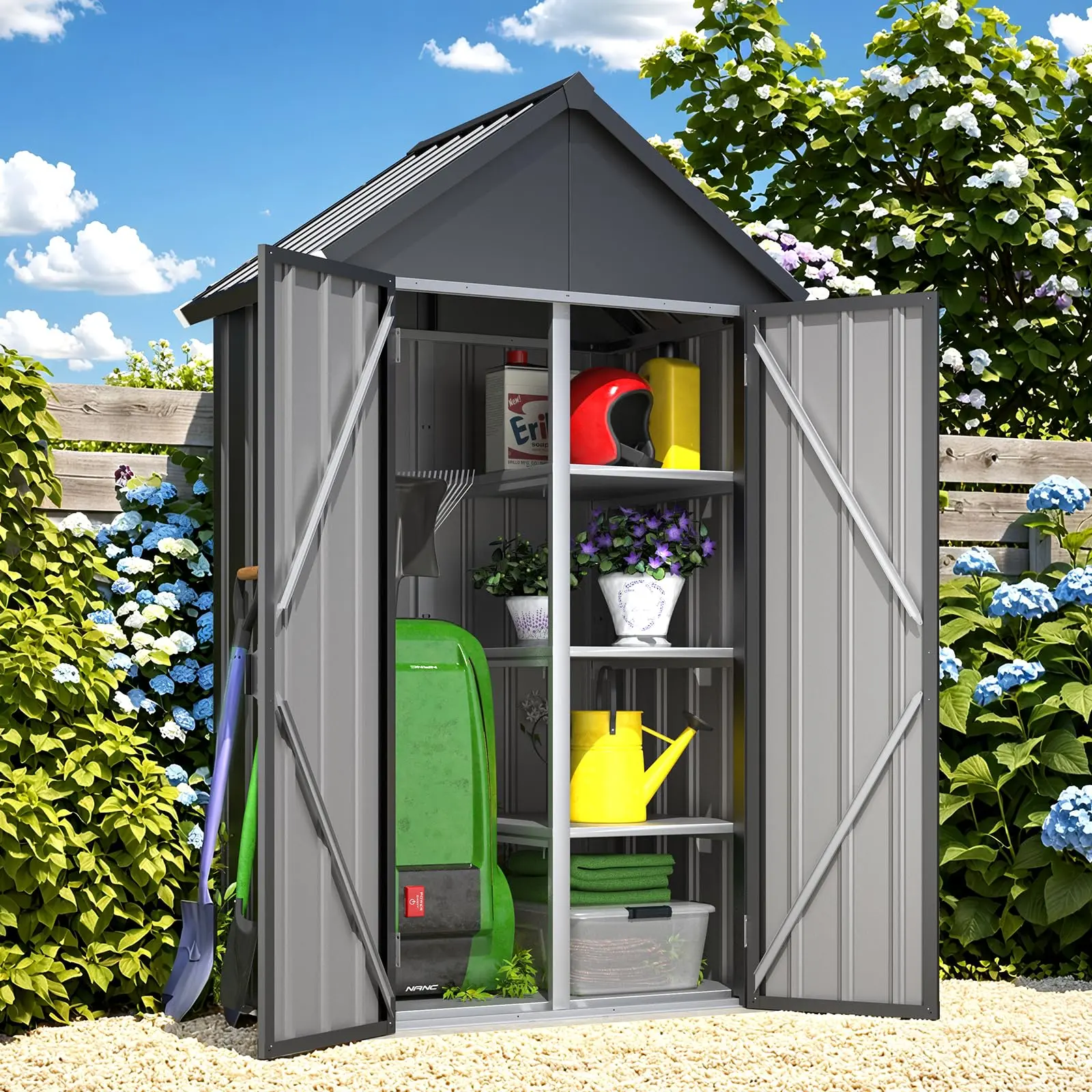 AECOJOY Outdoor Storage Cabinet Waterproof with Shelves, Vertical Tall Sheds Cabinet with Double Door & Slope Roof, Garden Tool Sheds & Outdoor Storage Weatherproof for Backyard, Patio, or Lawn Organizer