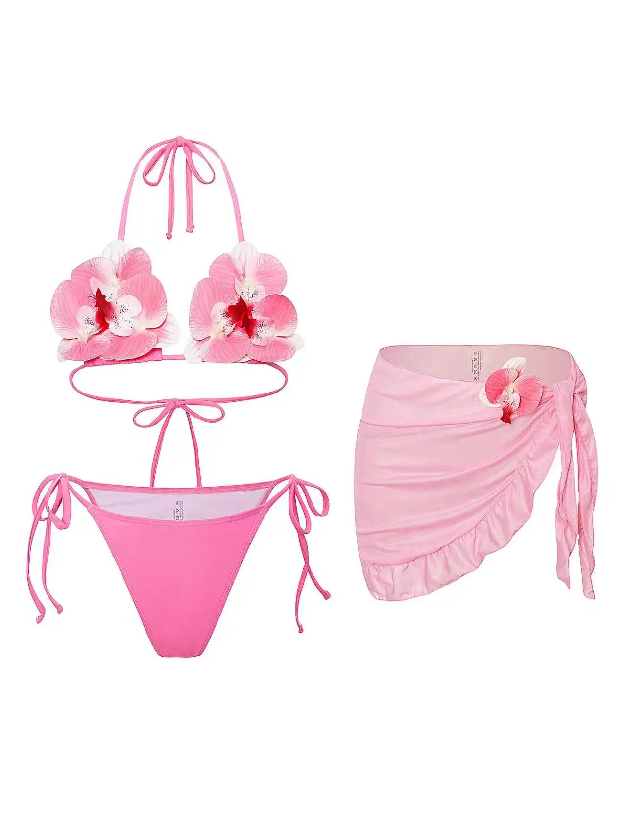 Orivessa Women's 3 Piece Coquette Swimsuit Set, Floral Bikini with 3D Flower Details, Nylon Blend Triangle Cup Top, Tie Side Bottoms & Cover Up Skirt, Swimsuit For Women, Resort Wear, 3-Pieces