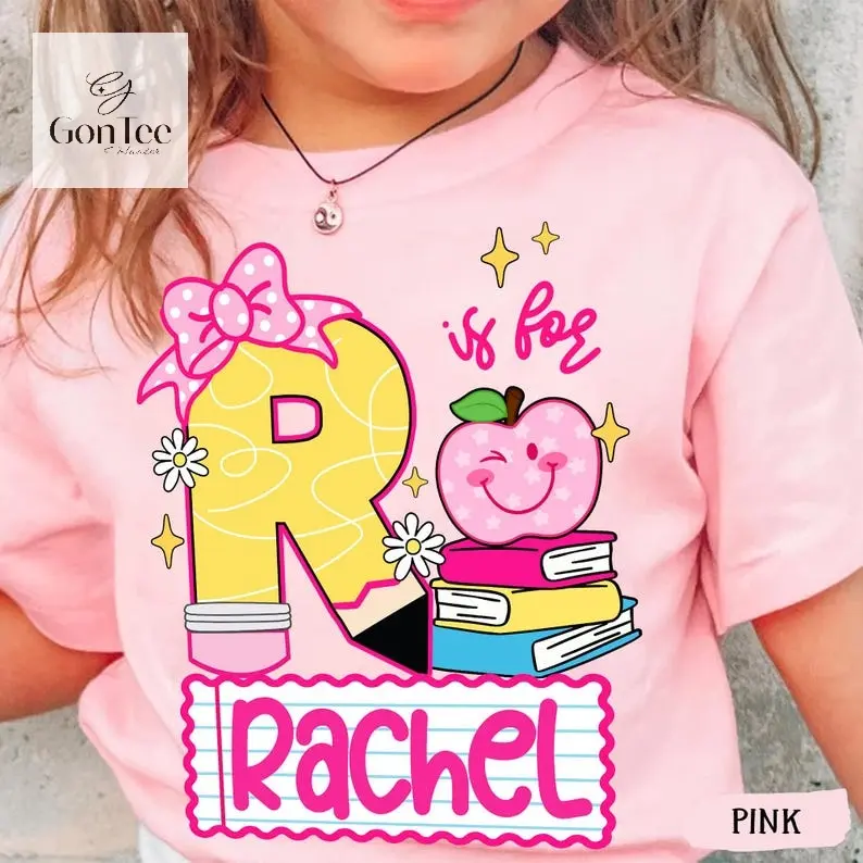 (DM or Note) Personalized Kids Name Back To School T-Shirt, Youth Custom Student Name Tee, First Day Of School Outfit, Apple Bow School Shirt, Cute Girl Tshirt