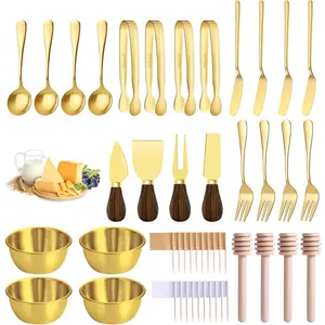 48 Pcs Charcuterie Boards Accessories Set, Stainless Steel Cheese Spreader Knives with Mini Tongs, Spoons, Forks, Dipping Bowls & Wooden Honey Dippers for Wedding, Christmas, Party Serving (Gold)