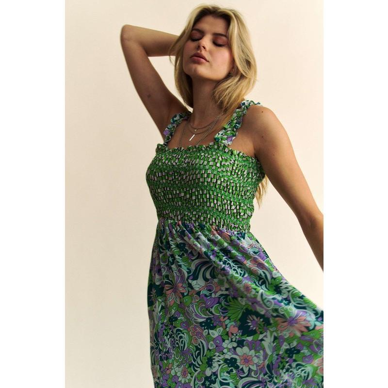 Davi & Dani Multi Smocked Bodice Geo Ruffle Strappy Midi Dress