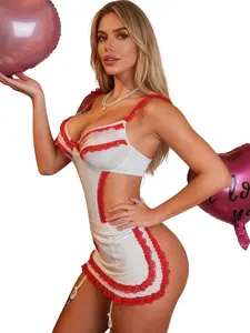 2pcs Sexy Lace Hollow Out Bodysuit & Apron Set, Role Play Nurse Costume, Back Bow Tie Detail, Women's Romantic Valentine's Day Underwear Sleepwear