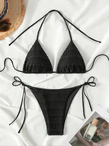 Two-Piece Set Women's Solid Color Ribbed Halter Triangle Bikini Set, Sexy Comfy Tie Back Backless Wireless Swim Bra & Tie Side Swim Bottom, Ladies Swimsuit for Beach Holiday Vacation, Halter Bikini Top, Ruched Halter Swimsuit, Halter Bathing Suit