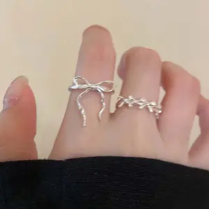 Two types of bow ribbon opening adjustable small butterfly rings for girls silver alloy jewelry