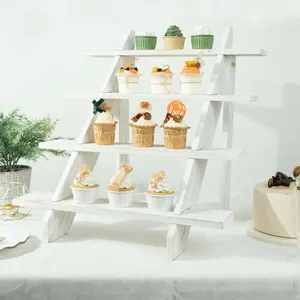 4-Tier Wooden Ladder Shelf 21" Whitewashed Rustic Design - Cascading Stair Step Dessert Display Cupcake Holder
