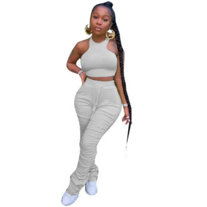 Plain All Seasons Stacked Leggings 2 Piece Set for Women Comfort Crop