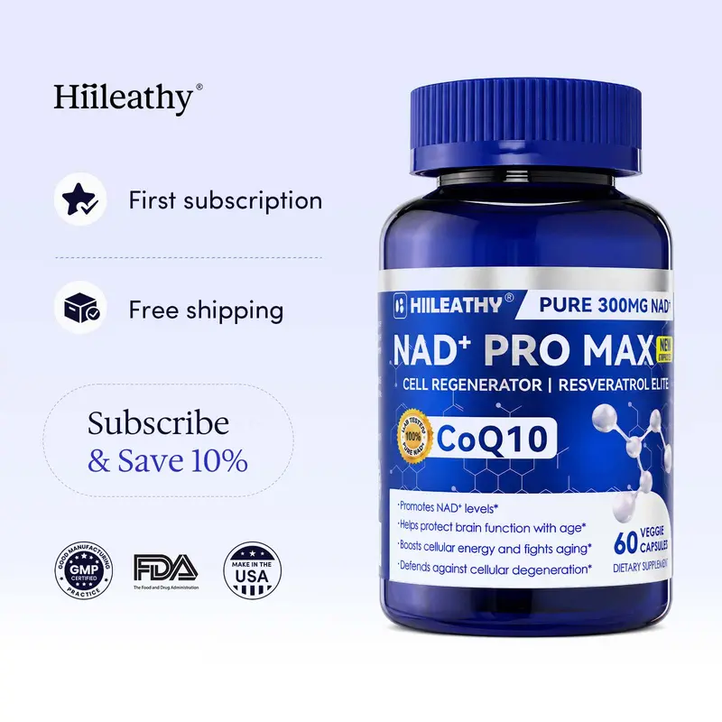 HIILEATHY NAD+ Pro Max Vitamin Supplement with Collagen - 300mg Pure NAD+, CoQ10, Resveratrol Shield, Pepper Extract - GMO-Free Veggie Capsules, Energy Boost, Antioxidant Support - 60 Capsules by Optimal Nutrition Enterprise Inc, Made in USA