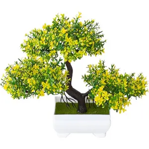 Mini Artificial Bonsai Tree for Home & Office Decor – Fake Welcome Pine Plant with Pot – Small Faux Indoor Bonsai Desk Plant – Realistic Plastic Resin Yellow Bonsai – Zen Garden Shelf Tabletop Decoration – No Maintenance, pine tree décor, Home decor
