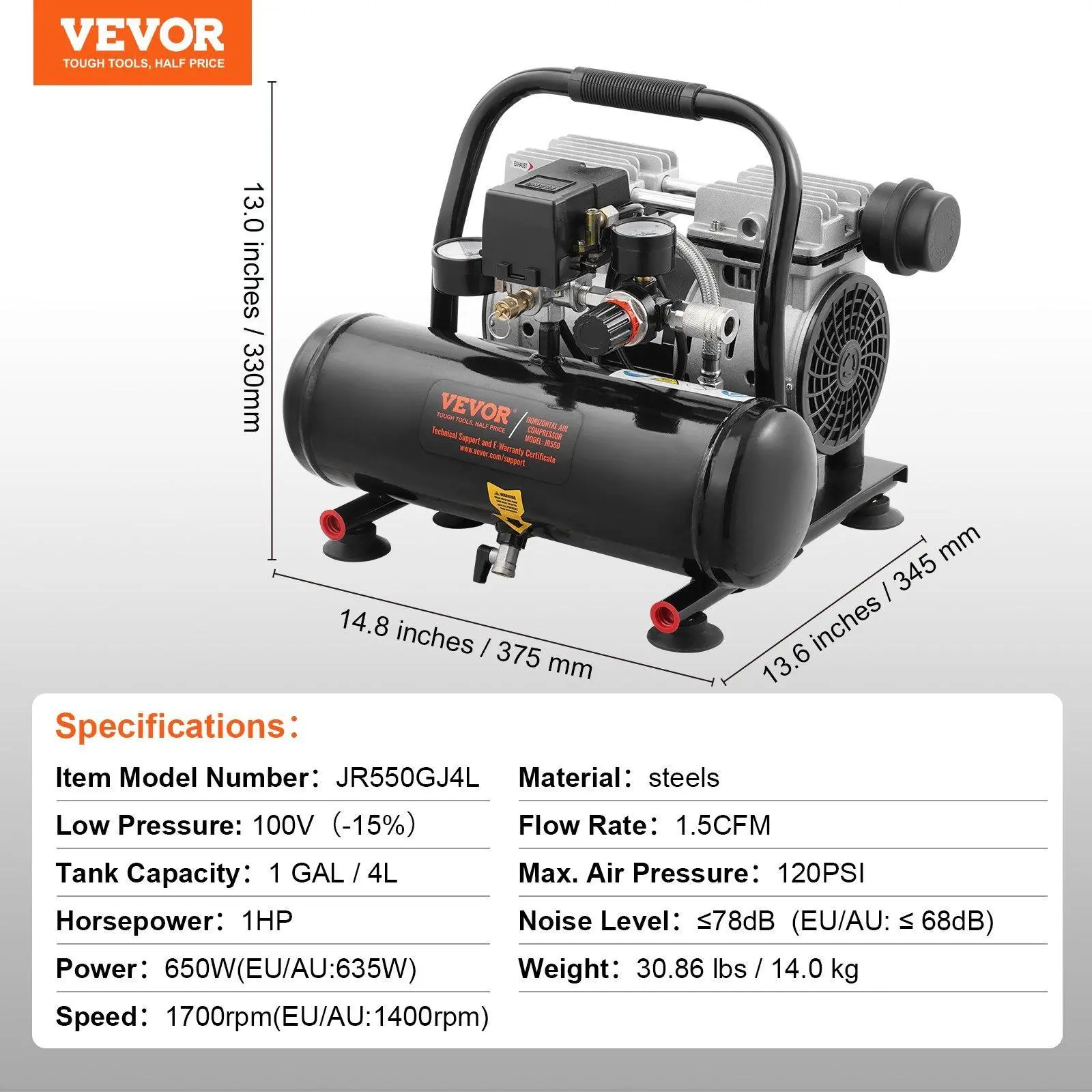 1 Gallon 650W 1.5 CFM@ 90PSI 80 dB