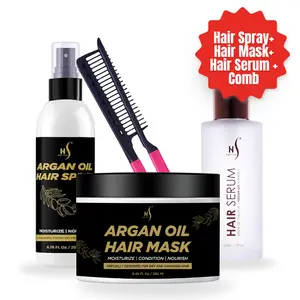 HerStyler Hair Care Set – Argan Oil Hair Mask, Heat Protectant Mist, Repair Serum & Straightening Comb for smooth, shiny, frizz-free, healthy hair.