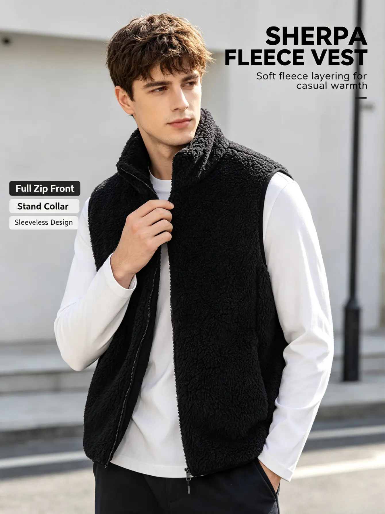 Men’s stand collar fleece vest with full zipper, warm for autumn/winter, sleeveless layering vest