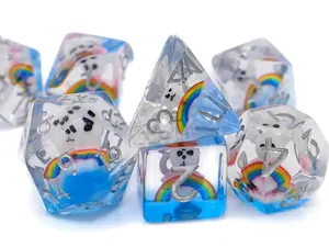 Rainbow Bear Resin DnD 7-Piece Dice Set, Colorful Teddy Bear Design RPG Dice for Dungeons & Dragons Nerdy Gamers, Includes Black Velvet Bag