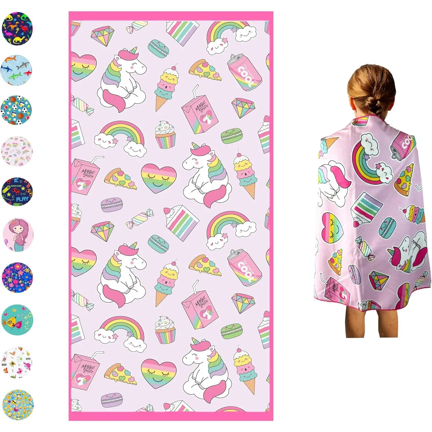 Kids' Microfiber Bath Towel - Unisex Child-Sized (30"x60") Unicorn Print, Lightweight Soft Towel, Thin, Absorbent, Breathable, Quick Dry, Sand-Free - For Pool, Travel, Absorbent Breathable Towel