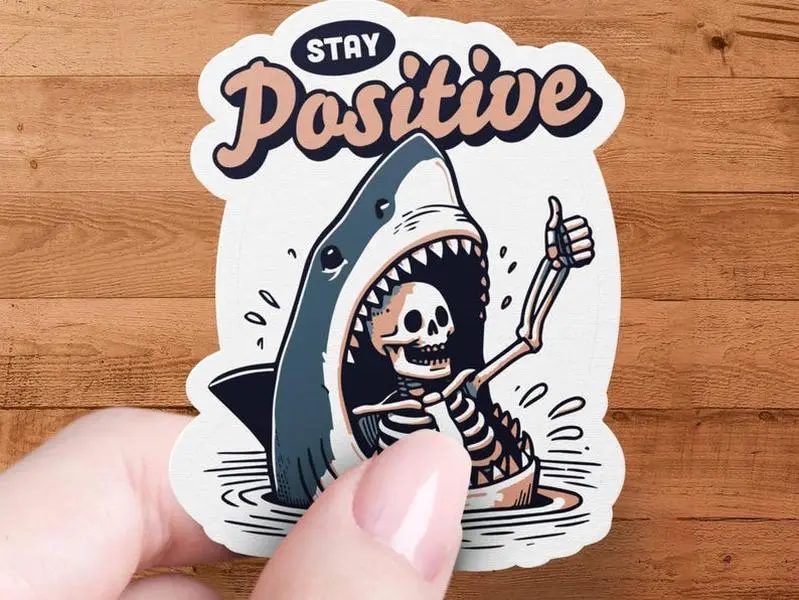 Shark Stay Positive Sticker, Dark Humor Shark Attack Decal, Humorous Positivity, Funny Skeleton Shark Sticker, Hard Hat Sticker