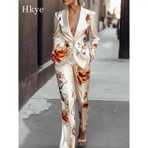 Elegant Floral Suit Set for Women, Premium Fabric Two-Piece for Work and Daily Wear, Stylish Commuter Fashion