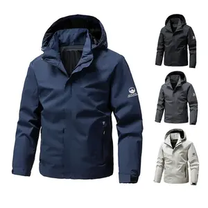 Men's Solid Color Waterproof Windproof Drawstring Zip-up Hoodie Jacket, Casual Long-Sleeve Outdoor Coat with Zipper Pockets, Suitable for Outdoor Activities, All-Season Men's Apparel, Menswear Blue Beige