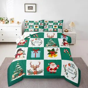 Merry Christmas Quilt for Kids Teens,Santa Claus Xmas Tree Bedding Set,Cartoon Deer Snowman Comforter Set