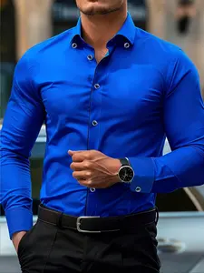 Men's Blue Fitted Long Sleeve Business Casual Formal Shirt, Stylish Office Wear, Comfortable & Durable Design, Perfect for All Occasions, Casual Style Shirt