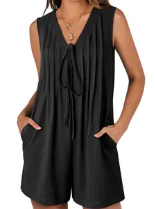 Black Tie V Neck Pleated Sleeveless Loose Romper,trending romper,summer collection