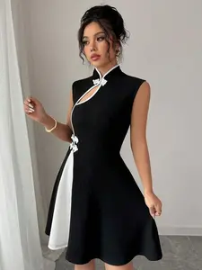 Polo Collar Color Blocking Dress - Elegant Button Design Dress for Women