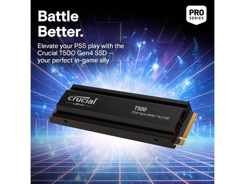 Crucial T500 1TB Gen4 NVMe M.2 Internal Gaming SSD with Heatsink, Up to 7300MB/s, PlayStation 5 Compatible + 1mo Adobe CC All Apps- CT1000T500SSD5